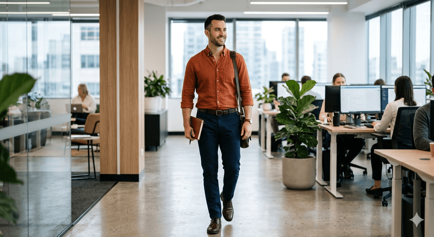 Rust shirt and Navy pant